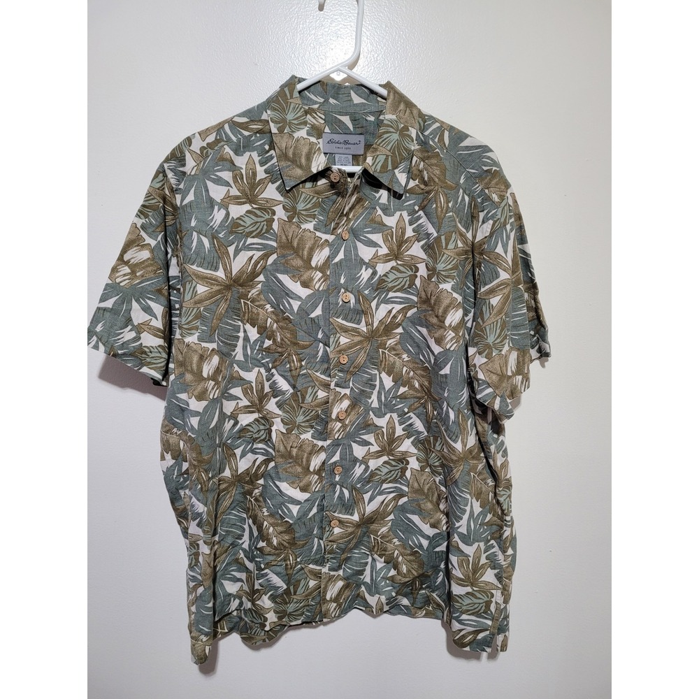 Eddie Bauer Button Down Shirt Mens M Green Linen Blend Tropical Leaf
